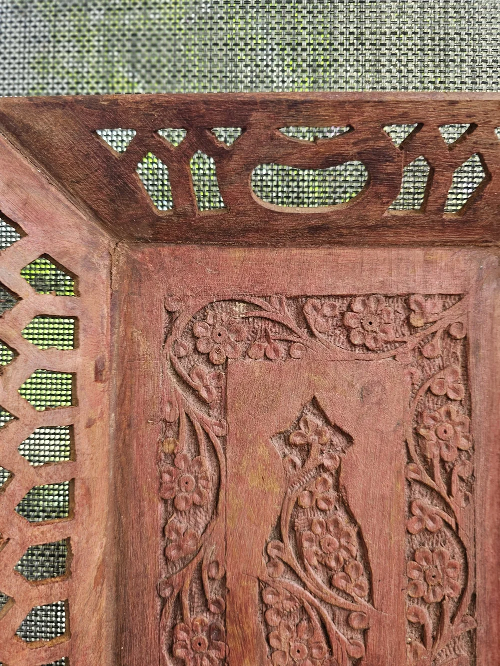 Vintage Hand Carved Wood Serving Tray India Boho Lattice Cutout Floral